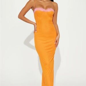 Orange Slip Dress with Pink Lace Trim